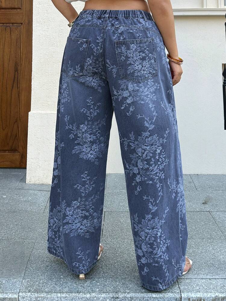 Dazy Plus Floral Print Loose Straight Leg Casual Jeans, Street Style, All Season