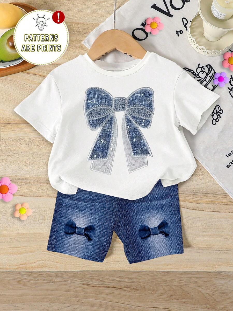 Elladie kids 一套女婴休闲时尚甜美可爱蝴蝶结印花短袖T恤和修身骑行短裤套装,夏季服装 - 彩色 - 查看 1