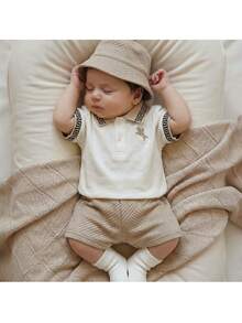 Loomiva Newborn Baby Boy/Girl Lapel Short Sleeve Half-Placket Top And Elastic Waist Shorts 2 Pieces Set - Apricot - View 10