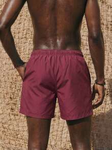 ZELFYO Men Solid Drawstring Waist Swim Trunks - Burgundy - View 2