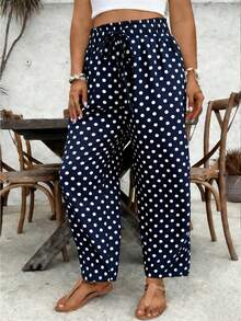 SHEIN VCAY Plus Size Casual Polka Dot Print Pants - Navy Blue - View 1