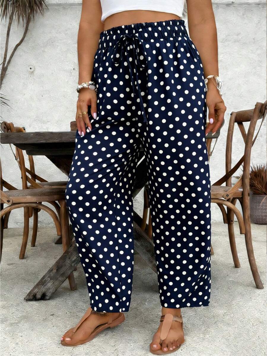 SHEIN VCAY Plus Size Casual Polka Dot Print Pants - Navy Blue - View 1