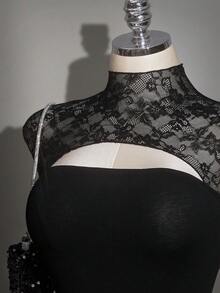 SHEIN ICON 大码镂空蕾丝无袖针织上衣，性感优雅的Y2K针织衫 - 黑色 - 查看 6