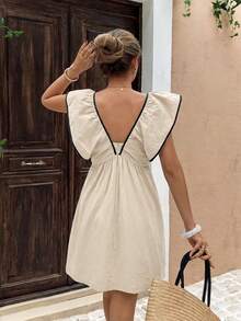 Serisse Women's 100% Cotton Black And Beige V-Neck Contrast Bow Decor Ruffle Babydoll Hem Short Dress,Elegant Summer Holiday Picnic Holiday Vacation Outfits - Apricot - View 2