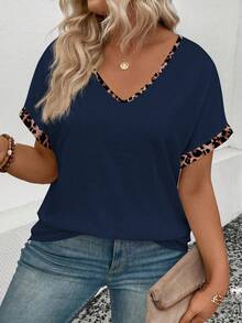 EMERY ROSE Camiseta de talla grande con cuello en V, estampado de leopardo y parches, nueva llegada para primavera/verano para mujer - Azul Marino - Ver 4