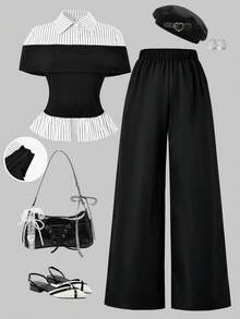 2件套少女黑色罗纹拼接上衣和休闲裤 - 黑色 - 查看 3