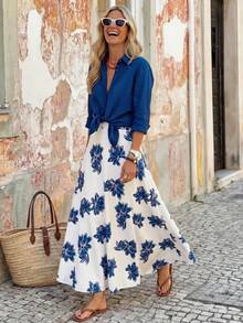 Solivie Damen Lässig Boho-Stil bedruckter Maxirock, geeignet für Urlaub und Alltag - Blau - Übersicht 3