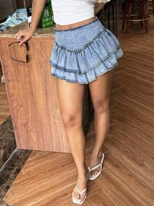 Sunnyshic 女士高腰荷叶边时尚牛仔裙裤 - 藍色 - 查看 6