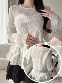 FRIFUL Women's Round Neck Lace Fabric Decorated Hem Multi-Layered Ruffle Hem Patchwork Sheer Top, Summer - White - View 7