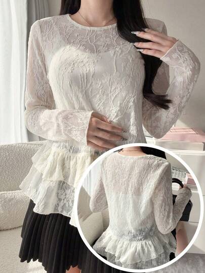 FRIFUL Women's Round Neck Lace Fabric Decorated Hem Multi-Layered Ruffle Hem Patchwork Sheer Blouse, Summer