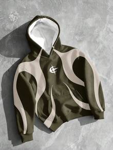 Manfinity EMRG 街头艺术图案印花连帽长袖卫衣，男士休闲套头衫，秋季款 - 彩色 - 查看 3