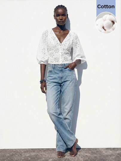 Maija Women's White V-Neck Front Button Casual Beach Vacation Blouse, Embroidered Hollow-Out Fabric Lantern Sleeve Slim Fit Hawaiian Style Top Women Party Top Beach Summer Holiday Beach Vacation Summer Going Out Graduation Casual Blouses For Women White Tops Beach Summer Holiday Beach Vacation Summer Going Out Graduation  Casual Holiday Beach Cruise Travel  Romantic, Fashion, Versatile; Suitable For Summer Vacation, Comfortable, Bohemian Style, Beach Wear, Simple Daily Wear, Country Style, Essential, Solid Color, Holiday Casual, Decent, Single Lady,Y2k