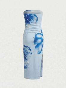 SHEIN Tween Girl Floral Print Asymmetric Hem Elegant Vacation Dress Midi Dress Summer Dress Bodycon Dress Strapless Dress Tropical Print Dress - Blue - View 3