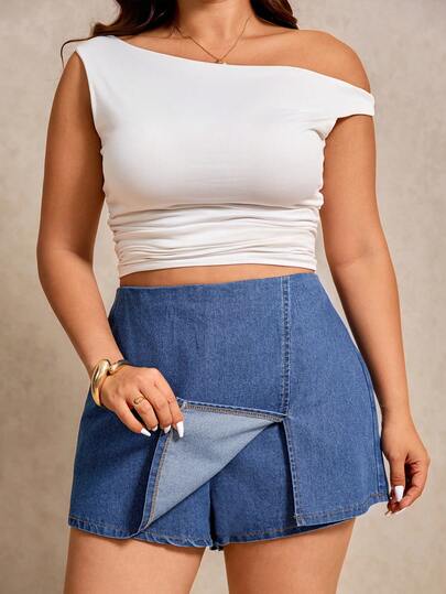 Elaquor Plus Size Women Denim Skirt Pants With Side Slit Hem
