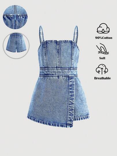 Combinaison short en jean bleu pour jeune fille