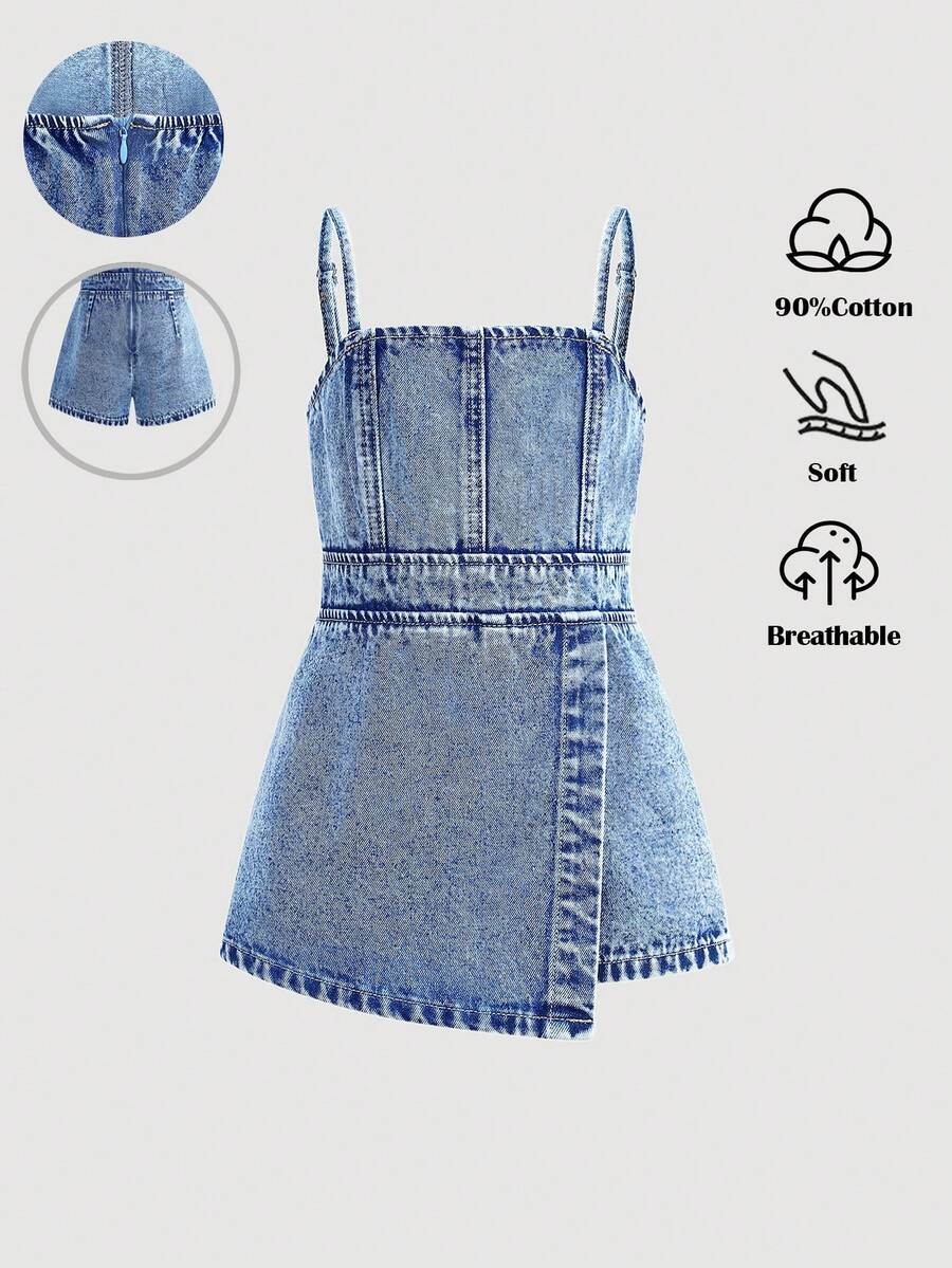 Maija Kids Maija Kids Young Girl' Blue Denim Jumpsuit Shorts,Kid Girls Spring And Summer Casual Vacation Country Boho Wear, Beach Outfits For Kid Girls, Western Street Wear For Girl, Spring Break Outfits, Rave Outfits Festival Denim Overall - Light Wash - View 1