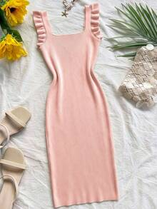 Ellegaria. Đầm dạ hội dáng dài ngang gối màu be nhạt, thiết kế cao cấp, cổ vuông, hở lưng, gợi cảm, không tay, kiểu dáng vintage lãng mạn, phong cách châu Âu và Mỹ, ôm sát, không tay, có bèo nhún tinh tế ở gấu váy; đầm len dệt kim ôm sát eo cao, màu trơn tối giản, cá tính, thích hợp cho các bữa tiệc cocktail dành cho nữ. - Màu Hồng baby - Xem 5