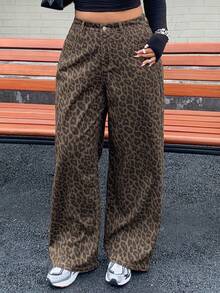 Dazy Plus Quần jean ống đứng dáng rộng in họa tiết da báo cỡ lớn có cạp chun, phong cách đường phố, phù hợp với mọi mùa - màu nâu - Xem 7