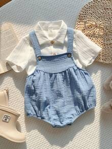 SHEIN Baby Boy Textured Soft Romper, Versatile & Comfortable, Suitable For Summer - Blue - View 6