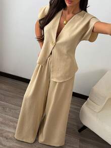 Women Two Pieces Vest And Pant Suit Sets - Beige - View 6
