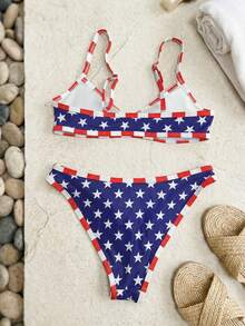 Swim Mod 2pcs/Set Women's Fashionable Cute Sexy Beach Outfit, Blue Base White Star Red Trim Crop Top And Triangle Bikini Swimwear, Suitable For Beach, Pool - Multicolor - View 2