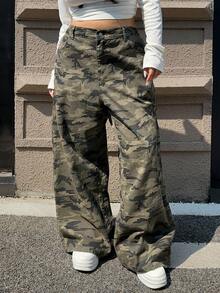 Dazy Plus 迷彩印花宽松阔腿街头风格长牛仔裤，四季皆宜 - 軍綠色 - 查看 7