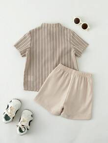 SHEIN Genkimix Kids 2pcs/Set Toddler Boys' Outfit,Khaki Striped Bear Print Short Sleeve Shirt+Solid Shorts,Linen Summer,Family Matching Retro Casual Suit For 7 Years Old - Multicolor - View 2