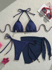Swim Vcay 女士纯色金属吊坠系带露背性感比基尼三件套，适合海滩度假穿着，新款女士泳装比基尼套装，连体泳衣。 - 藏蓝色 - 查看 2