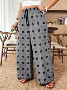 SHEIN LUNE Plus Size Women's New Elegant Black And White Embroidered Drawstring Waist Wide Leg Pants,High Waist Casual Boho Vacation Holiday Autumn - Multicolor - View 6