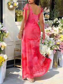 GalTyme 大码女式夏季海滩度假印花扭肩修身连衣裙 - 玫紅色 - 查看 2