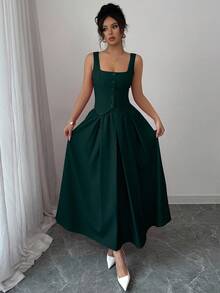 Rafferiza Women's Fashionable Sleeveless Square Neck Single-Breasted Vest And Pleated Flared Skirt 2-Piece Set, Versatile Daily Wear - Dark Green - View 4