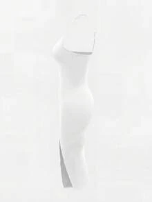 Resyla 女士时尚纯色性感中长修身连衣裙 - 白色 - 查看 4