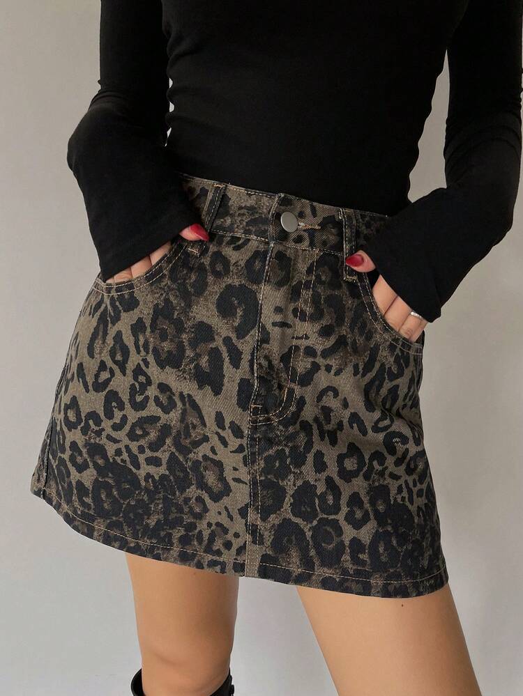 Tall Women's Leopard Print Skirt, Vacation Style Denim Mini Skirt Summer