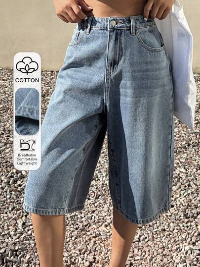 DAZY 女士休闲日常牛仔百慕大短裤，带口袋，夏季款