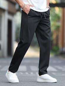 Manfinity CasualCool 纯色宽松休闲裤，带口袋，抽绳腰带，简约百搭，适合日常穿着。 - 黑色 - 查看 7