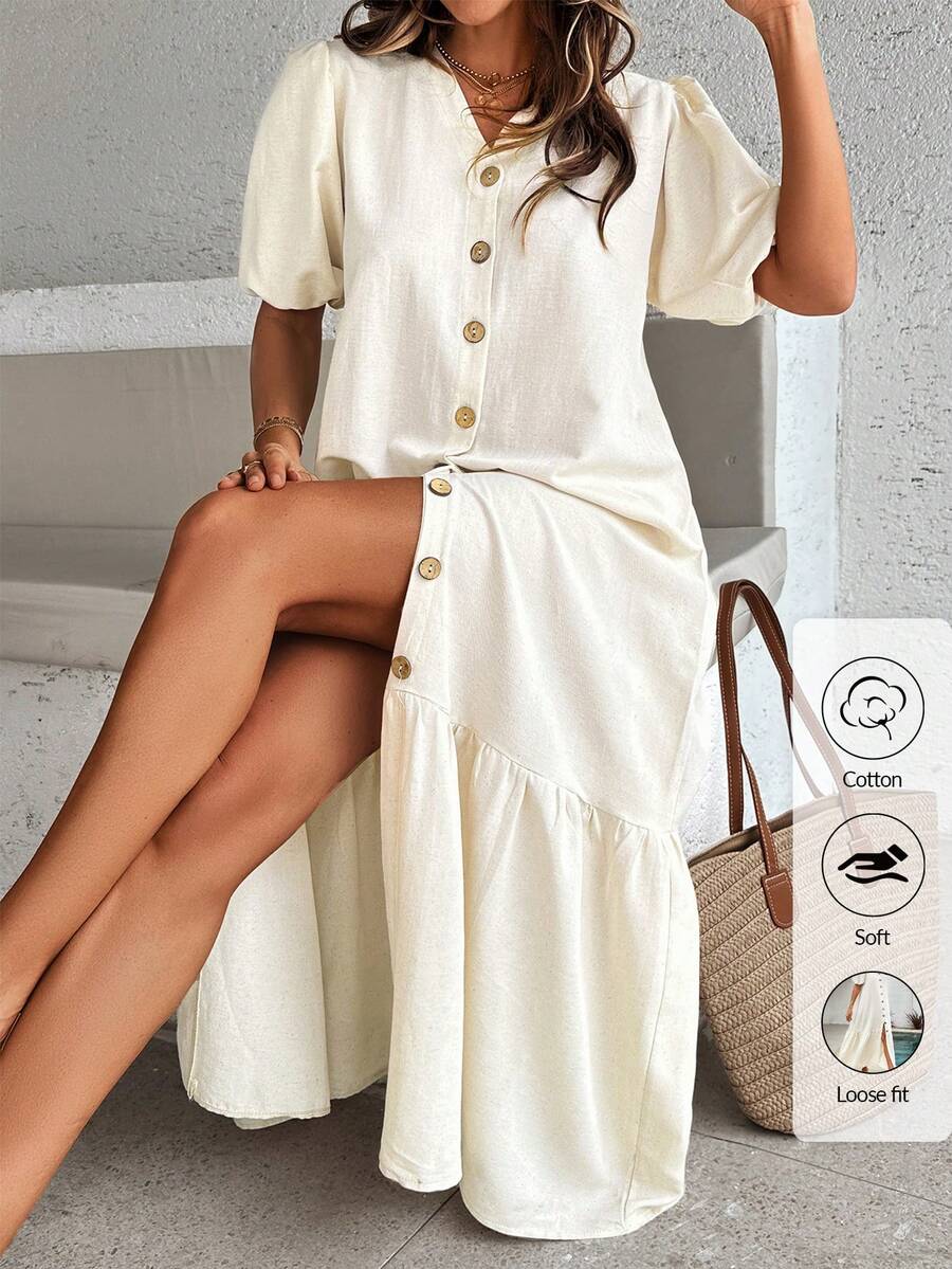 SHEIN 纽扣荷叶边下摆,亚麻质感长款连衣裙 - 米色 - 查看 1