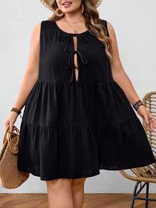 SHEIN CURVE+ 大码女士休闲百搭黑色棉质抽绳蝴蝶结无袖迷你连衣裙 - 黑色 - 查看 6