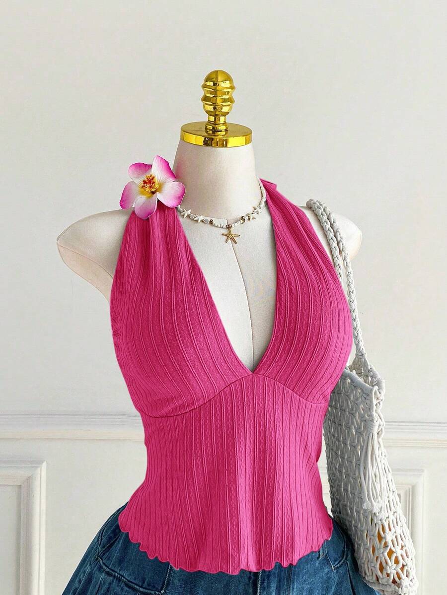 Comfortcana Áo camisole dệt kim cổ chữ V hai dây màu hồng cánh sen cỡ lớn, kiểu dáng nghỉ hè, dành cho người có vóc dáng đầy đặn. - Màu Hồng Tươi - Xem 1