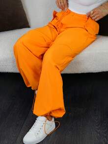 SAYEHFBABY 女士直筒阔腿工装裤高腰抽绳宽松口袋休闲慢跑哈伦裤嬉皮朋克街头服饰 -C - 亮橙色 - 查看 3