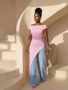 BamGleam Asymmetric Hem Design Women's T-Shirt, Fashionable Vacation Casual Style, Suitable For Travel, Daily Wear, Back To School, Party, Spring, Valentine's Day, New Year - Pink - View 5