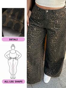 Dazy Plus Plus Size Women Leopard Print Pocket Button Washed Casual Versatile Wide Leg Jeans - Khaki - View 8