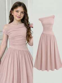 Girlism Tween Girls' Elegant Ruched Waist A-Line Long Dress, Knitted Asymmetric Collar, Versatile Simple Pink Mini Dress - Pink - View 4