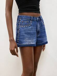 Maija Quần short denim nữ mùa hè kiểu dáng thường ngày, đính đinh tán. - Màu xanh lam - Xem 6