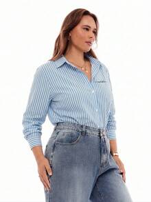 SHEIN EZwear 大码女式休闲长袖翻领纽扣衬衫 - 彩色 - 查看 3