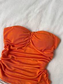 Sweetra Women's Orange Pleated Strapless Crop Top & Hollow Embroidered Shorts Set, Sweet & Sexy Beach Vacation Style, Bohemian Vibe, Spring/Summer - Yellow - View 7