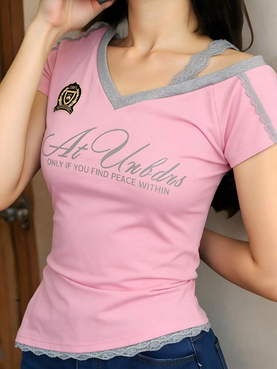 1pc Sweet American Style Fitted Splice Contrast Color Floral Print T-Shirt With Lace Trim, Summer - Pink - View 1