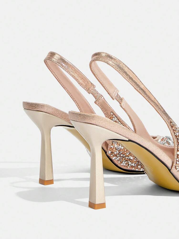 CUCCOO TILAWA Pointed Toe High Heel Rhinestone Wedding Shoes, Closed Toe Champagne Formal Party Pumps For Christmas
