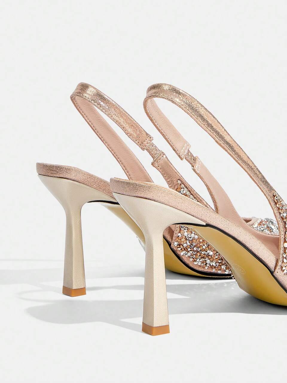CUCCOO TILAWA Pointed Toe High Heel Rhinestone Wedding Shoes, Closed Toe Champagne Formal Party Pumps For Christmas