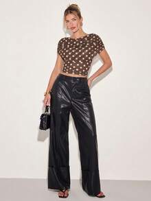 COSMINA Blusa elegante con estampado de lunares, diseño ajustado y acortado, adecuada para uso diario, salir con amigos, tomar el té de la tarde, diseño 2 en 1 con chal, patrón de lunares en color albaricoque y marrón, primavera/verano - Marrón - Ver 3