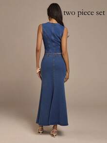 COSMINA Women's Elegant Sleeveless Regular Fit Denim Suit, Suitable For Commuting, Outing, Dating, And Daily Wear In Early Spring - Medium Wash - View 2